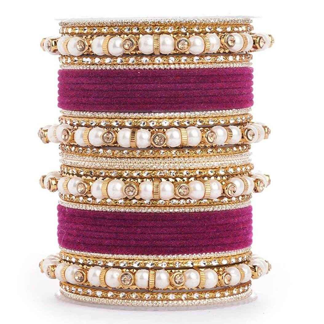 T4 Jewels Pearl Silver Gemstones Beads Studded Multicoloured Metal Bangles Set - 82NO Purple All Bangle Sets T4 Jewels