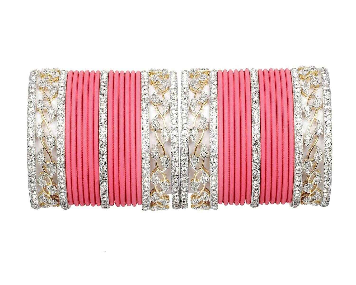 T4 Jewels AD Stones Studded Gold & Silver Plated Beautiful Bangles Set Bridal Chuda - 103NO Carrot Pink 2.6 Inches All Bangle Sets T4 Jewels