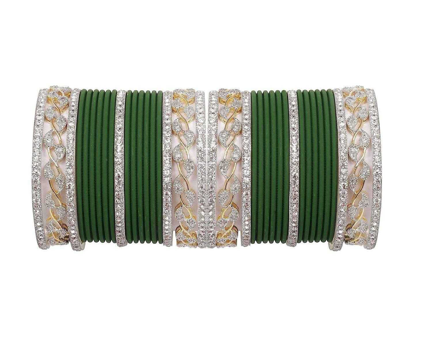 T4 Jewels AD Stones Studded Gold & Silver Plated Beautiful Bangles Set Bridal Chuda - 103NO Dark Green All Bangle Sets T4 Jewels