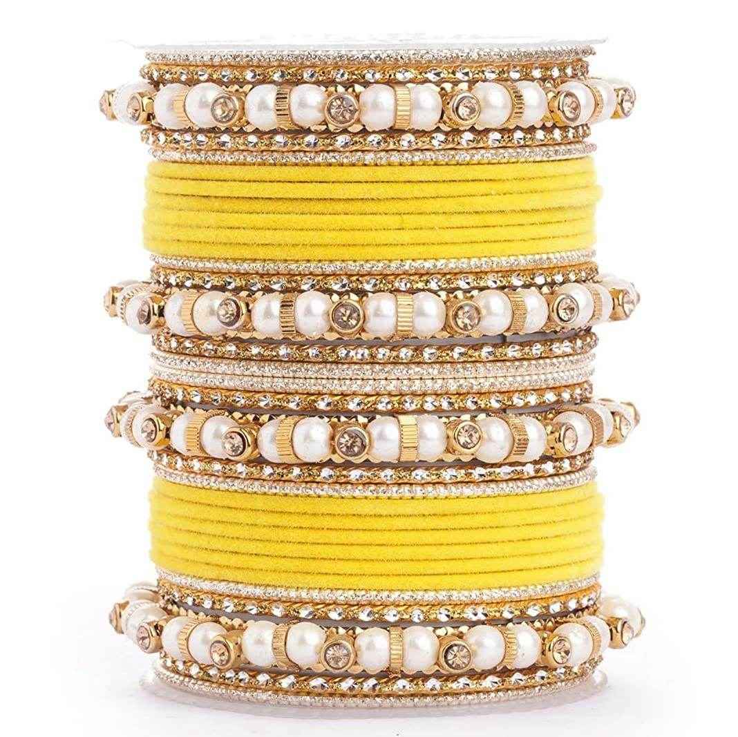 T4 Jewels Pearl Silver Gemstones Beads Studded Multicoloured Metal Bangles Set - 82NO Yellow All Bangle Sets T4 Jewels