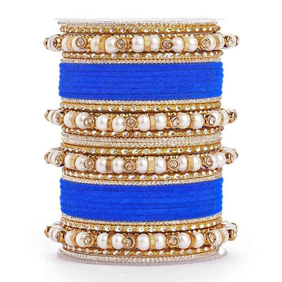 T4 Jewels Pearl Silver Gemstones Beads Studded Multicoloured Metal Bangles Set - 82NO Blue All Bangle Sets T4 Jewels