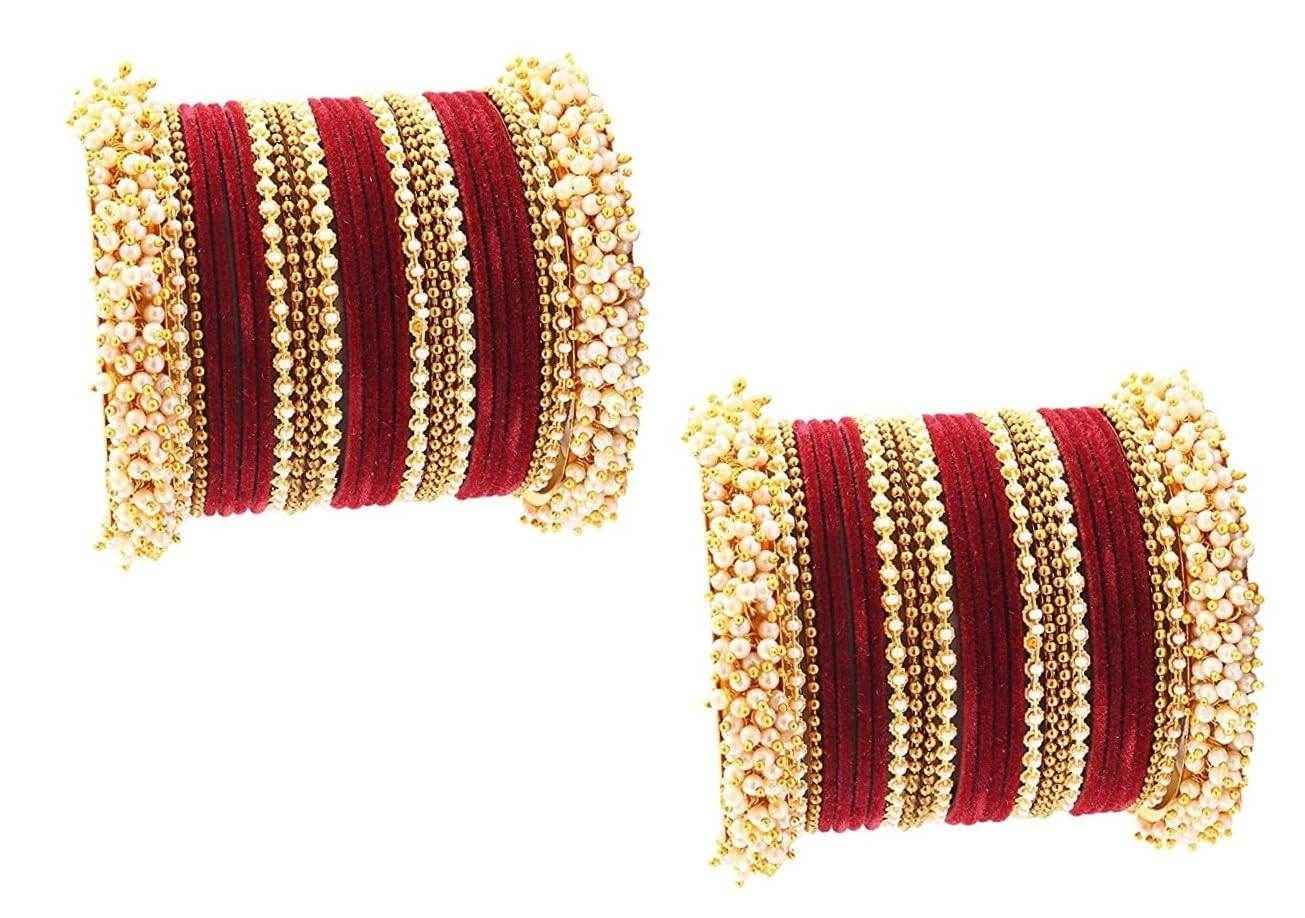 T4 Jewels Pearl Gemstones Zircon Stylish Colours Fashion Jewellery Metal Bangles Set - 92NO Maroon All Bangle Sets T4 Jewels