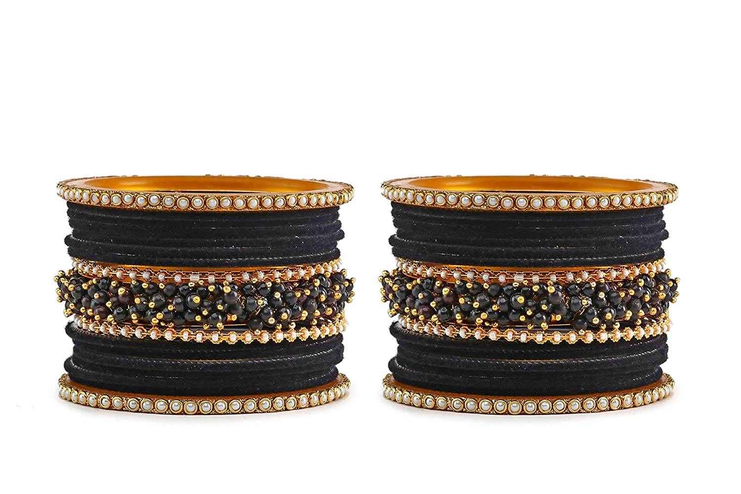 T4 Jewels Brass Metal Velvet Pearl And Beads Glossy Finished Bangles Set (Set For 2 Hand) - 59NO Bangle Sets T4 Jewels