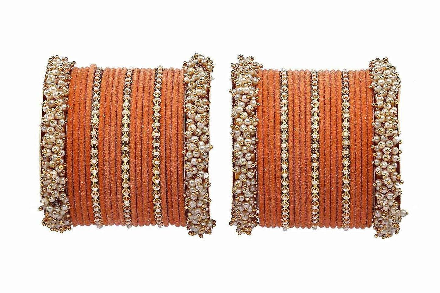 T4 Jewels Stylish Latest Collection Fashion Jewellery Pearl And Stone Glossy Finished Metal Bangles Set - 70NO Peach All Bangle Sets T4 Jewels