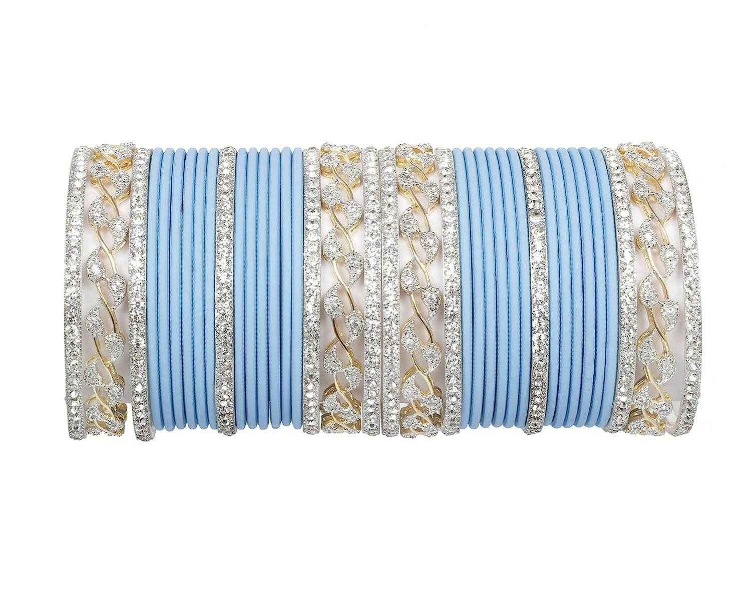 T4 Jewels AD Stones Studded Gold & Silver Plated Beautiful Bangles Set Bridal Chuda - 103NO Light Blue All Bangle Sets T4 Jewels