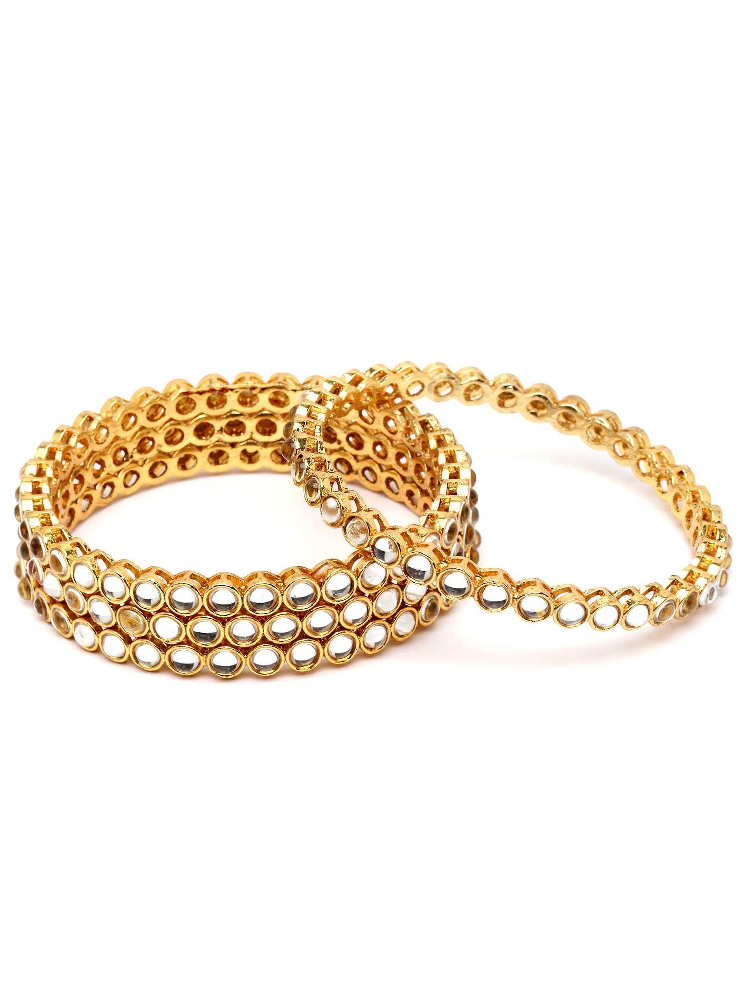 T4 Jewels Set of 4 Gold Plated Round Shape White Kundan Studded Bangles for Women T4 Jewels