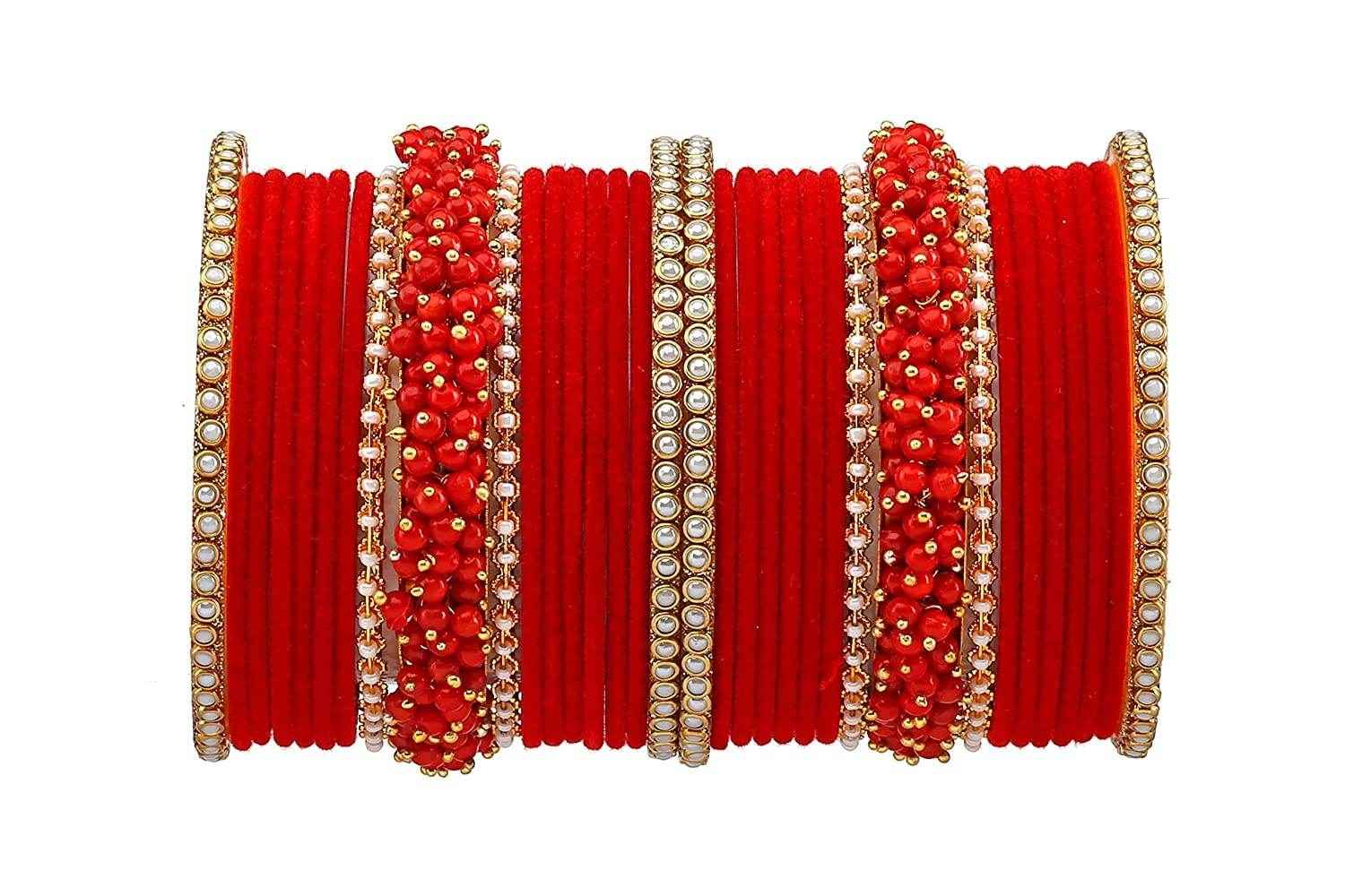 T4 Jewels Brass Metal Velvet Pearl And Beads Glossy Finished Bangles Set (Set For 2 Hand) - 59NO Red Bangle Sets T4 Jewels