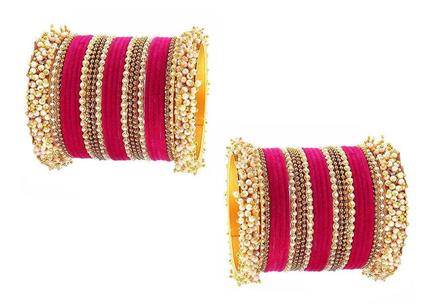 T4 Jewels Pearl Gemstones Zircon Stylish Colours Fashion Jewellery Metal Bangles Set - 92NO Dark Pink All Bangle Sets T4 Jewels
