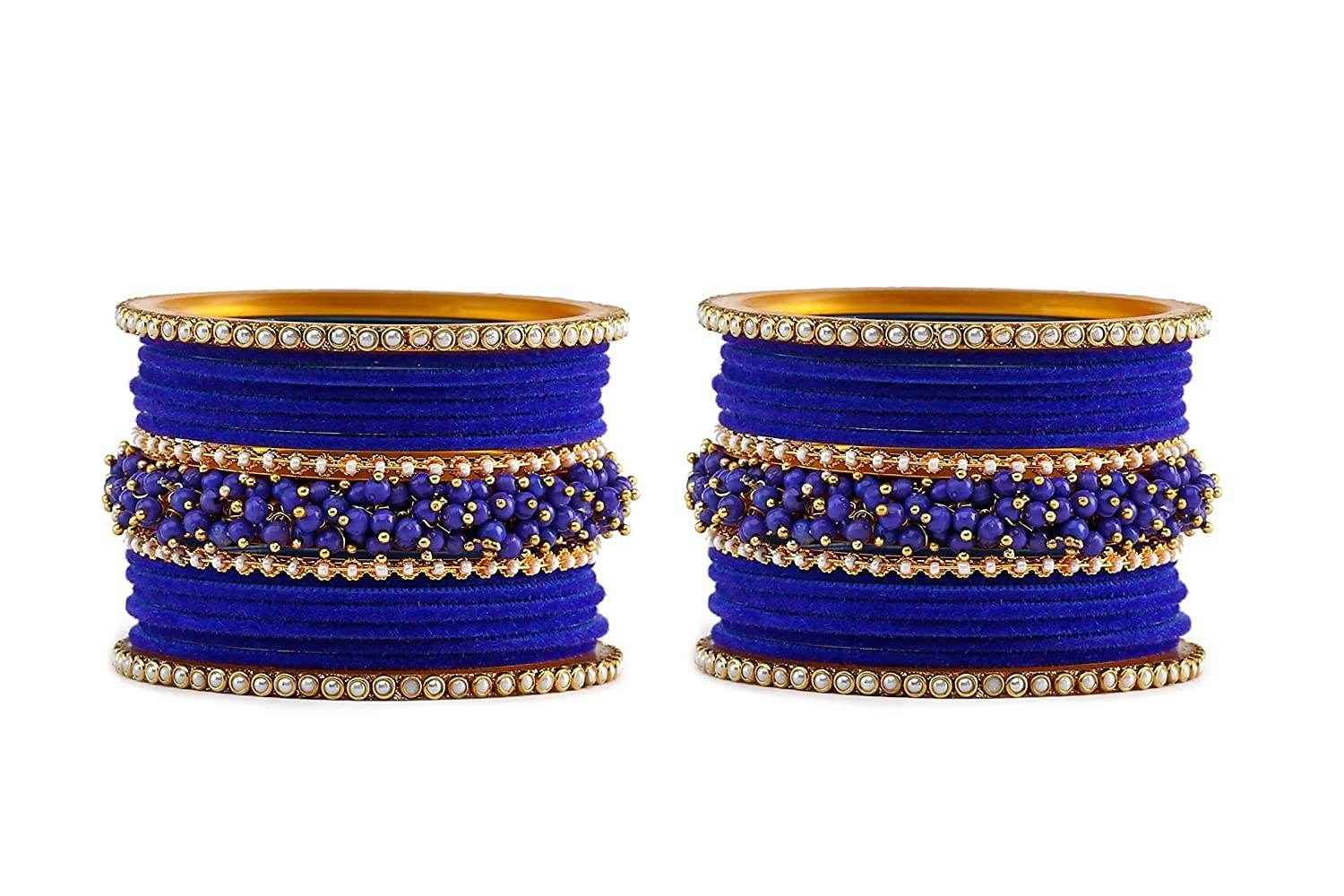 T4 Jewels Brass Metal Velvet Pearl And Beads Glossy Finished Bangles Set (Set For 2 Hand) - 59NO Bangle Sets T4 Jewels
