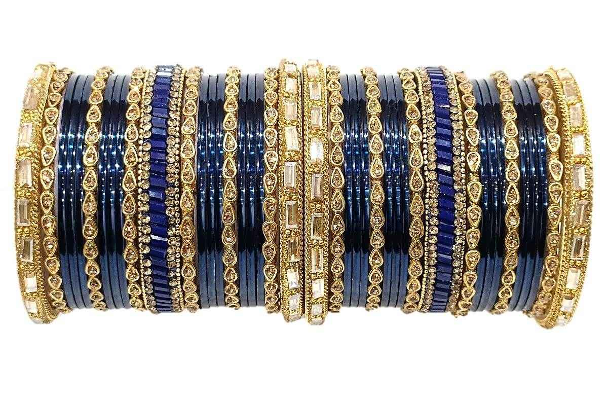 T4 Jewels Gemstones & Gold Plated Gorgeous Multi Colours Stones Studded Bridal Wear Fashion Jewellery Glass Bangles Set - 77NO Blue 2.6 Inches All Bangle Sets T4 Jewels