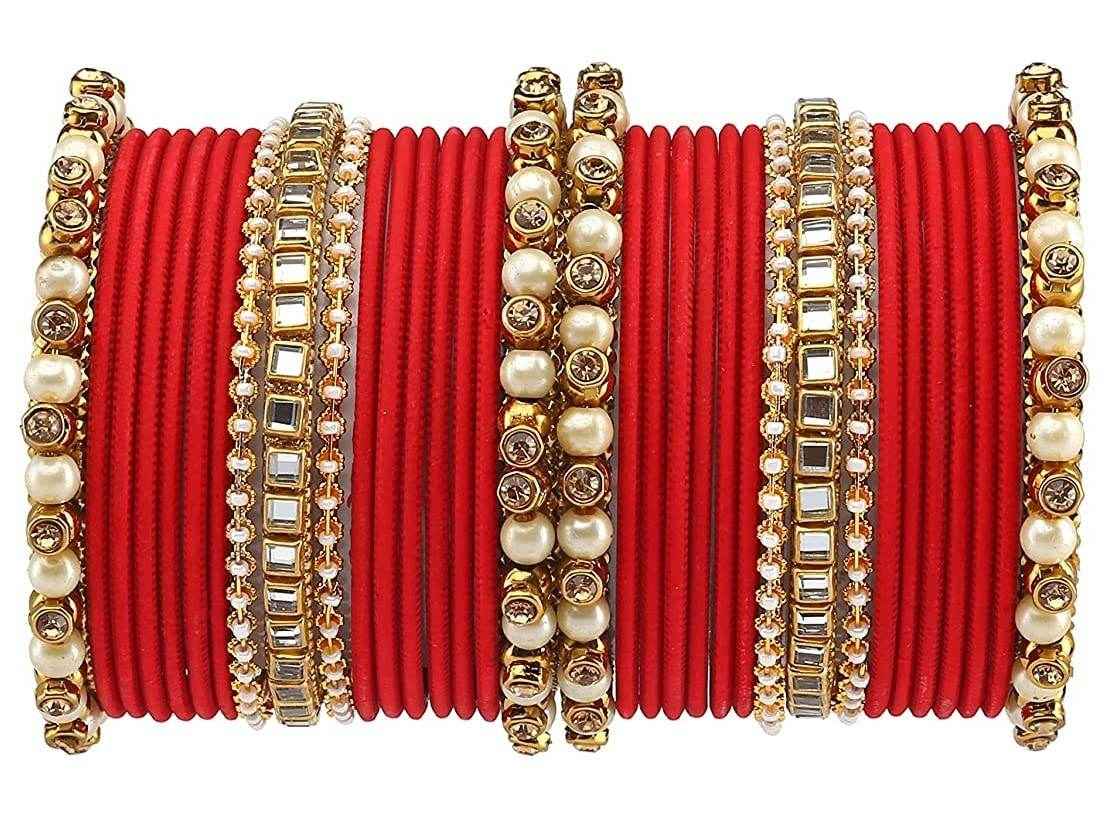 T4 Jewels Brass Metal Beads, Stones And Gemstones Studded Pearl & Glossy Finished Bangle Set- 63NO Red All Bangle Sets T4 Jewels