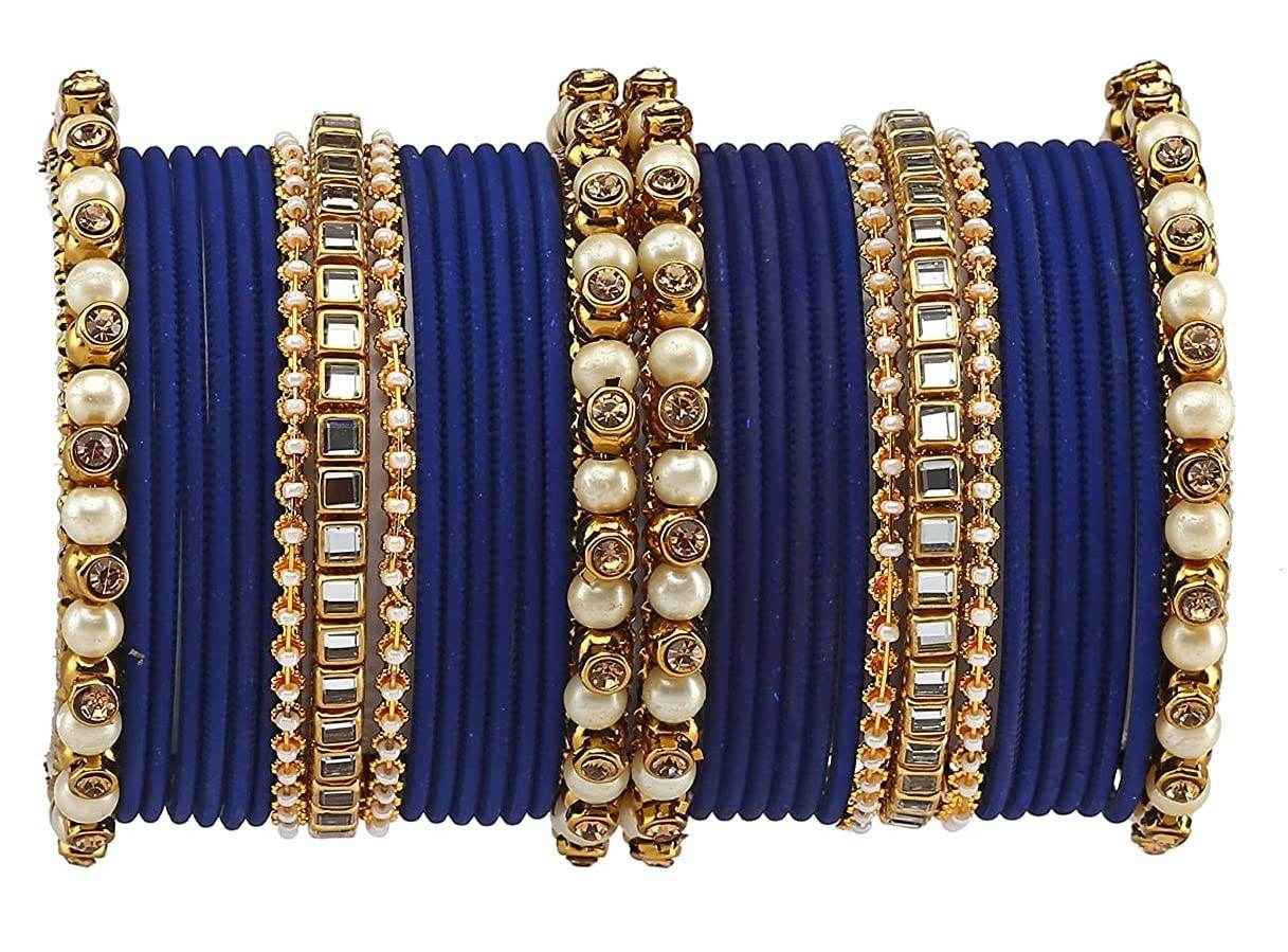 T4 Jewels Brass Metal Beads, Stones And Gemstones Studded Pearl & Glossy Finished Bangle Set- 63NO Blue All Bangle Sets T4 Jewels