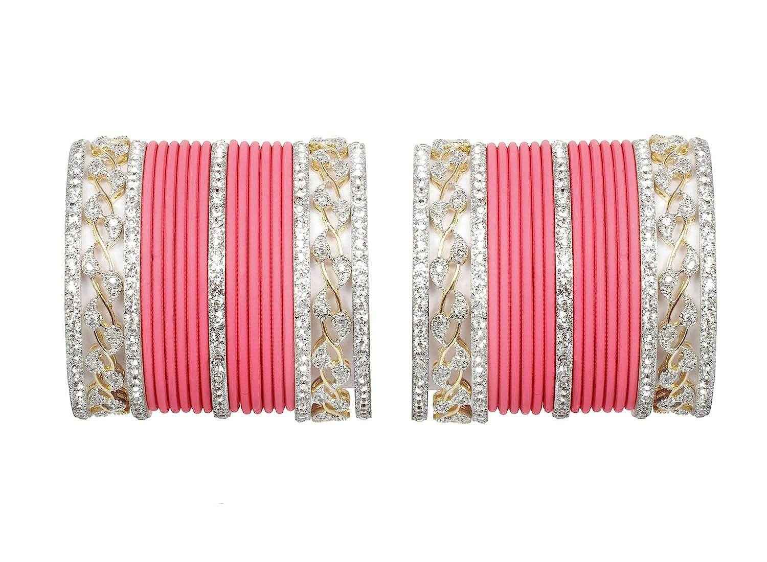 T4 Jewels AD Stones Studded Gold & Silver Plated Beautiful Bangles Set Bridal Chuda - 103NO Carrot Pink All Bangle Sets T4 Jewels