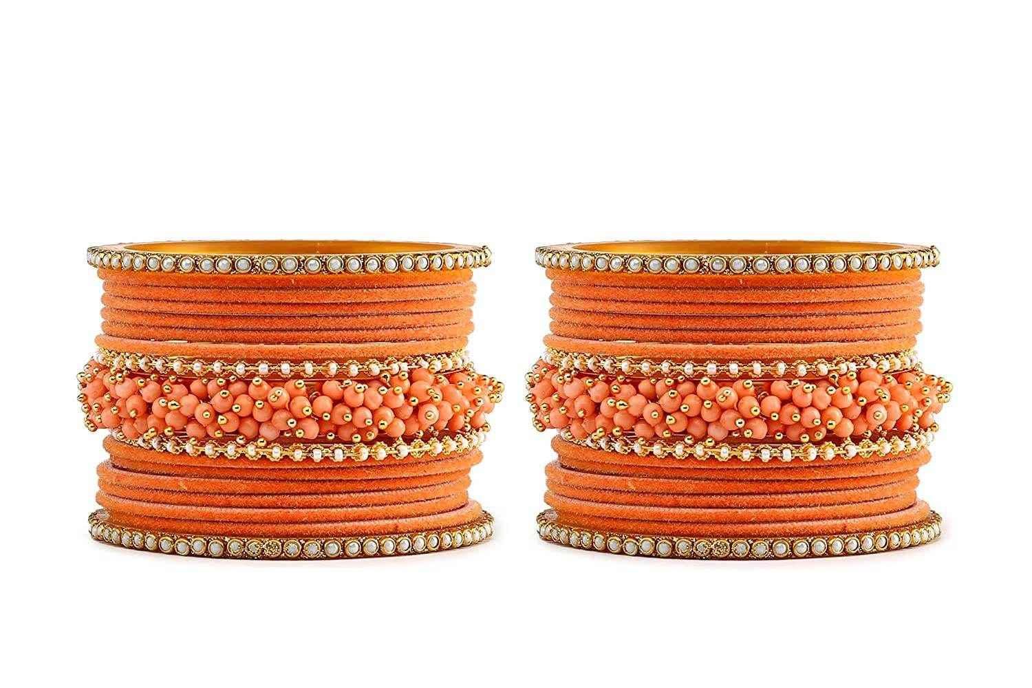 T4 Jewels Brass Metal Velvet Pearl And Beads Glossy Finished Bangles Set (Set For 2 Hand) - 59NO Bangle Sets T4 Jewels