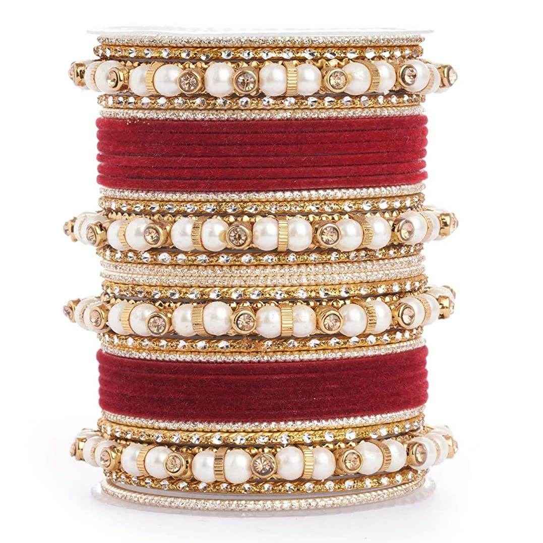 T4 Jewels Pearl Silver Gemstones Beads Studded Multicoloured Metal Bangles Set - 82NO Red All Bangle Sets T4 Jewels