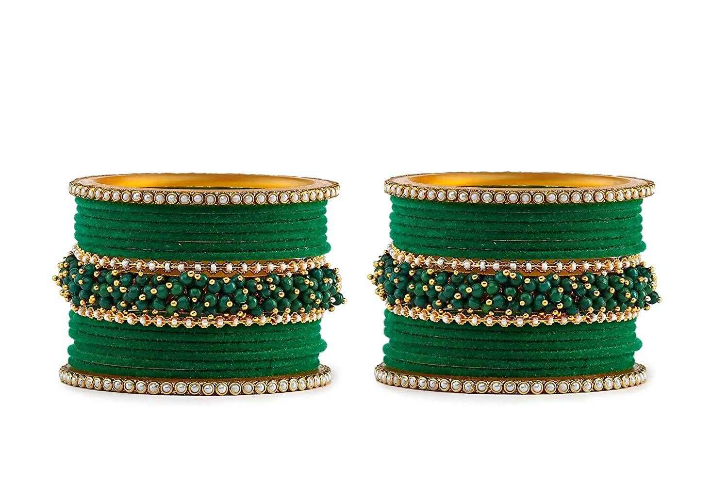 T4 Jewels Brass Metal Velvet Pearl And Beads Glossy Finished Bangles Set (Set For 2 Hand) - 59NO Bangle Sets T4 Jewels
