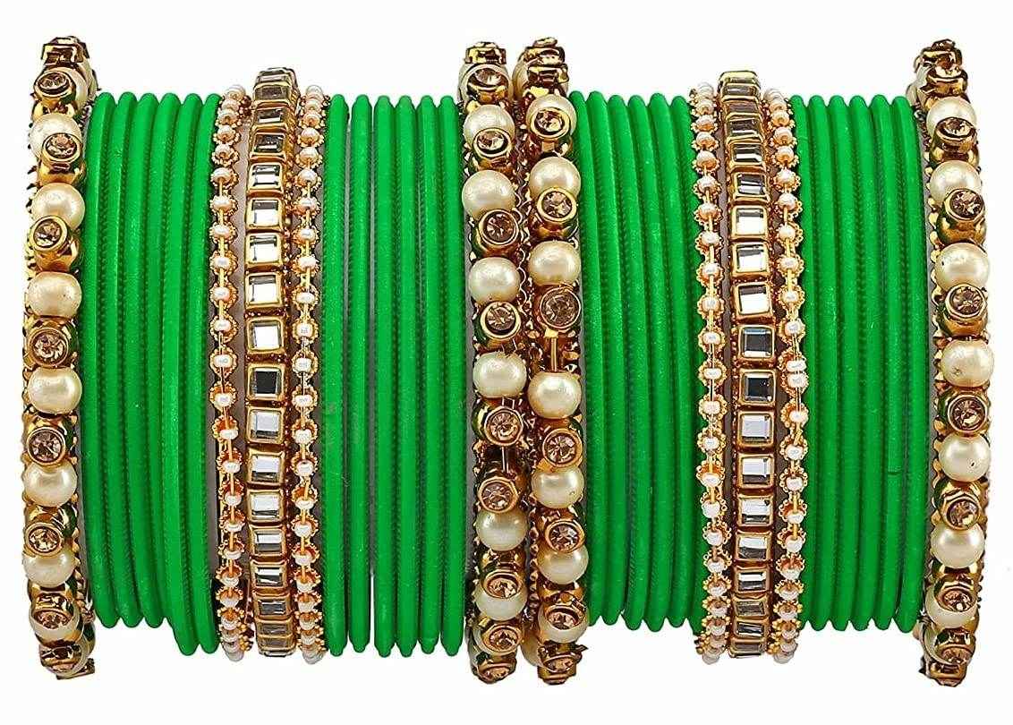 T4 Jewels Brass Metal Beads, Stones And Gemstones Studded Pearl & Glossy Finished Bangle Set- 63NO Parrot Green All Bangle Sets T4 Jewels