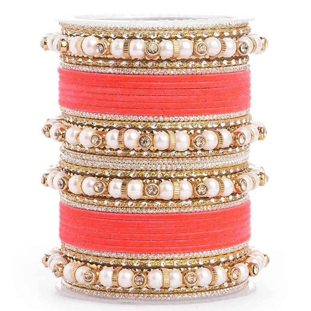 T4 Jewels Pearl Silver Gemstones Beads Studded Multicoloured Metal Bangles Set - 82NO Coral Pink All Bangle Sets T4 Jewels