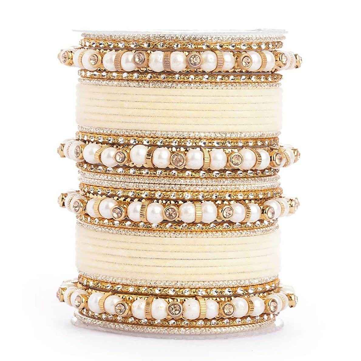 T4 Jewels Pearl Silver Gemstones Beads Studded Multicoloured Metal Bangles Set - 82NO Golden All Bangle Sets T4 Jewels