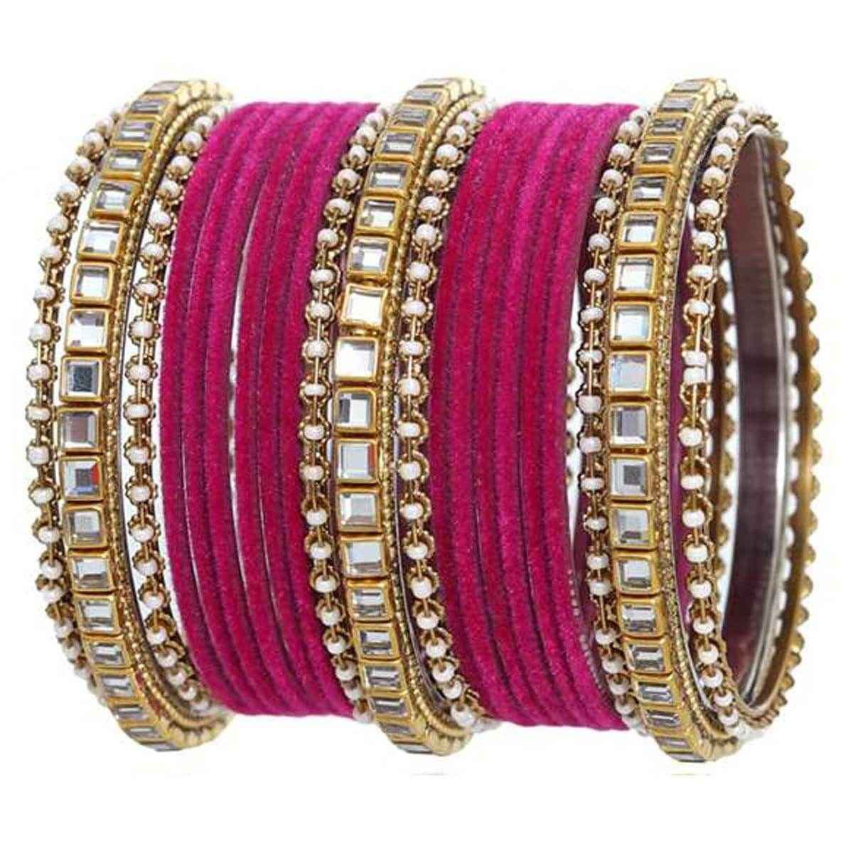 T4 Jewels Stones Studded Latest Fashion Jewellery Kundan Glossy Velvet Metal Bangles Set - 105NO All Bangle Sets T4 Jewels