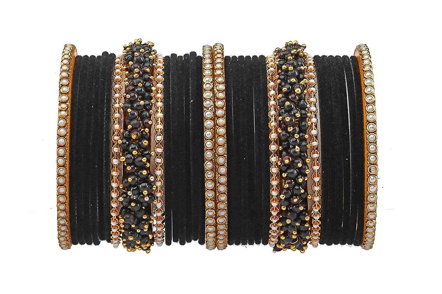 T4 Jewels Brass Metal Velvet Pearl And Beads Glossy Finished Bangles Set (Set For 2 Hand) - 59NO Black Bangle Sets T4 Jewels