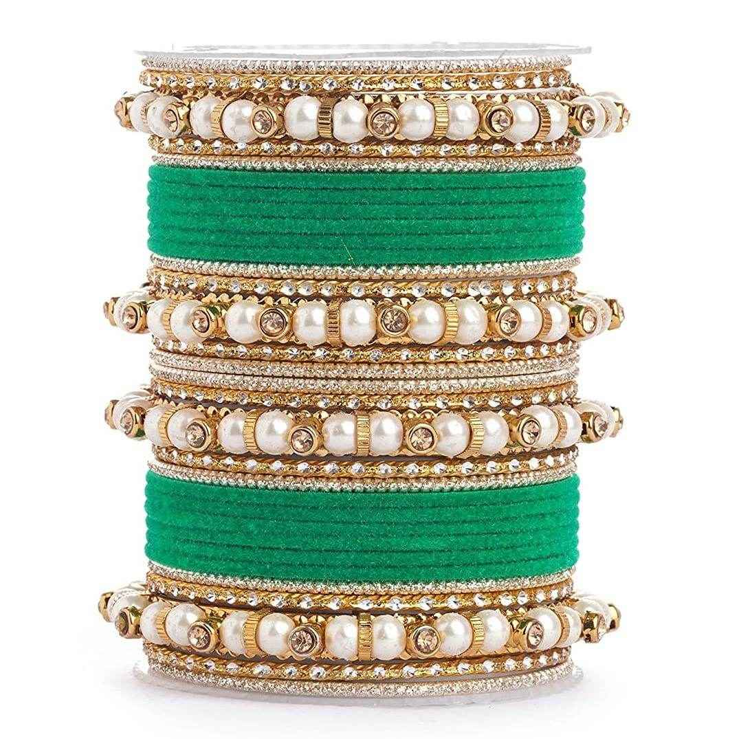 T4 Jewels Pearl Silver Gemstones Beads Studded Multicoloured Metal Bangles Set - 82NO Green All Bangle Sets T4 Jewels