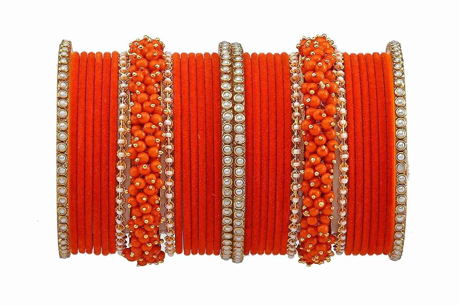 T4 Jewels Brass Metal Velvet Pearl And Beads Glossy Finished Bangles Set (Set For 2 Hand) - 59NO Orange Bangle Sets T4 Jewels