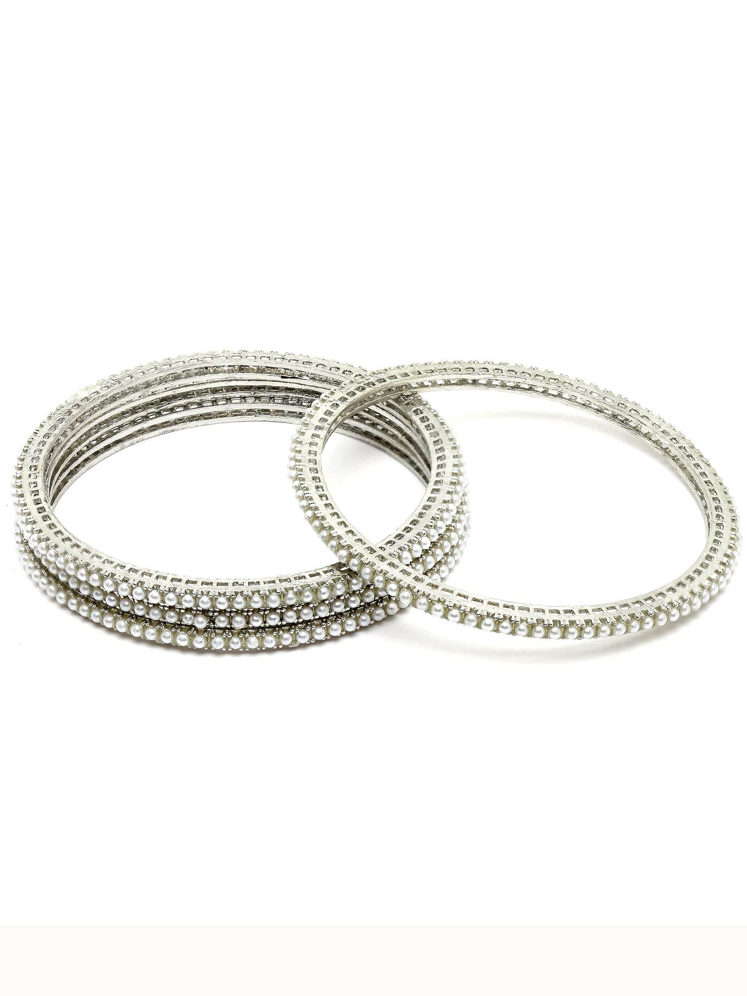 T4 Jewels Oxidised Silver Pearl Studded Tribal Set of 4 Bangles for Women T4 Jewels