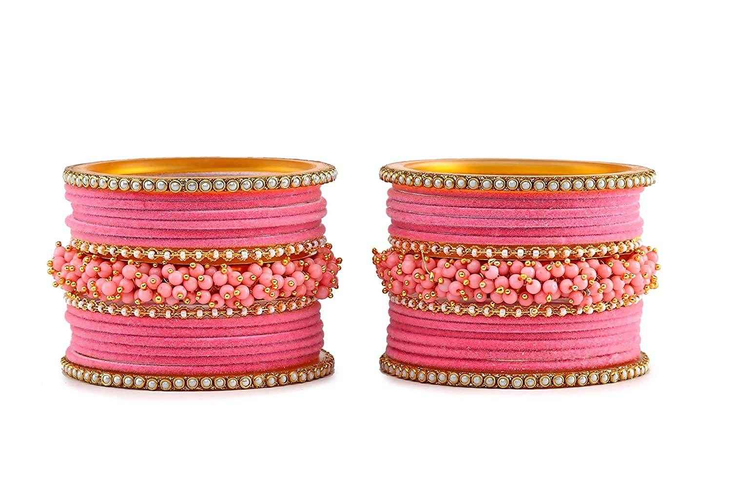 T4 Jewels Brass Metal Velvet Pearl And Beads Glossy Finished Bangles Set (Set For 2 Hand) - 59NO Bangle Sets T4 Jewels
