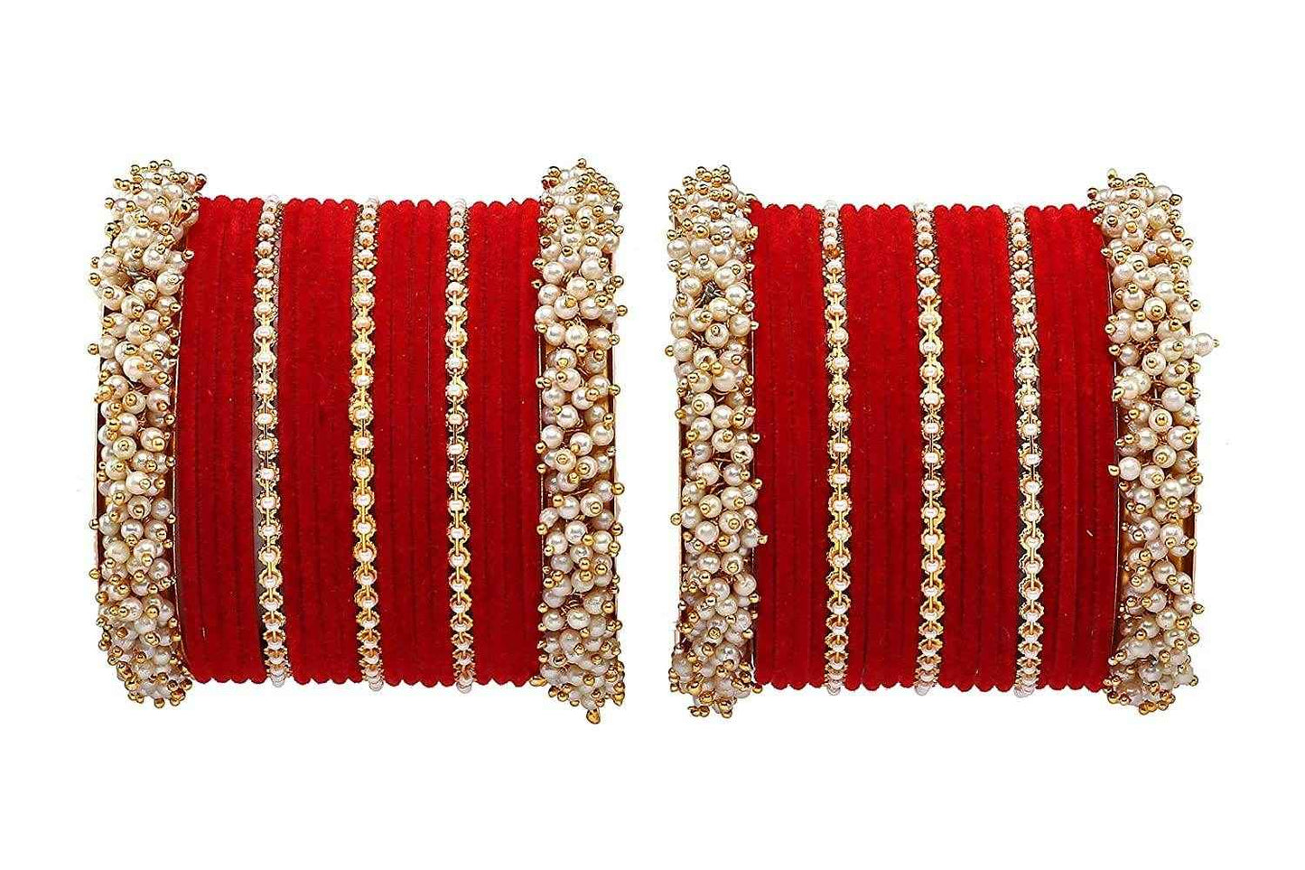T4 Jewels Stylish Latest Collection Fashion Jewellery Pearl And Stone Glossy Finished Metal Bangles Set - 70NO Red All Bangle Sets T4 Jewels