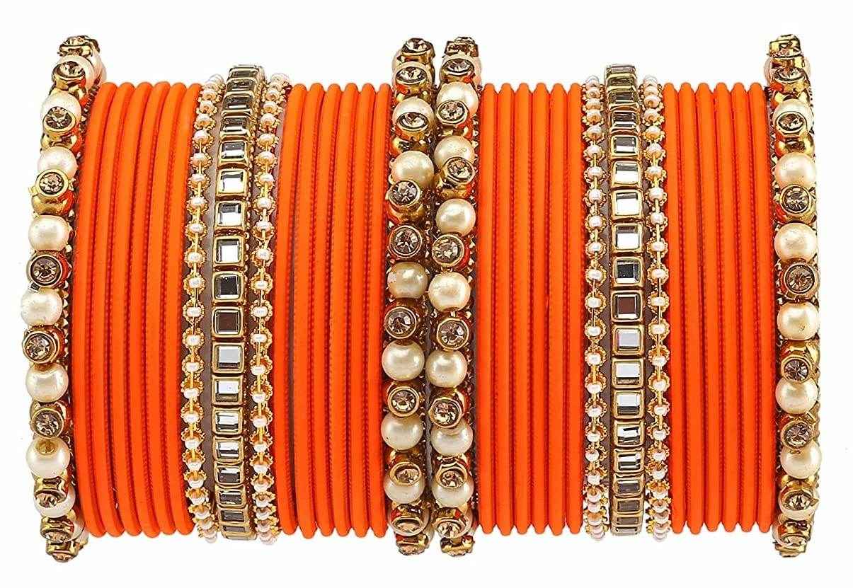T4 Jewels Brass Metal Beads, Stones And Gemstones Studded Pearl & Glossy Finished Bangle Set- 63NO Orange All Bangle Sets T4 Jewels