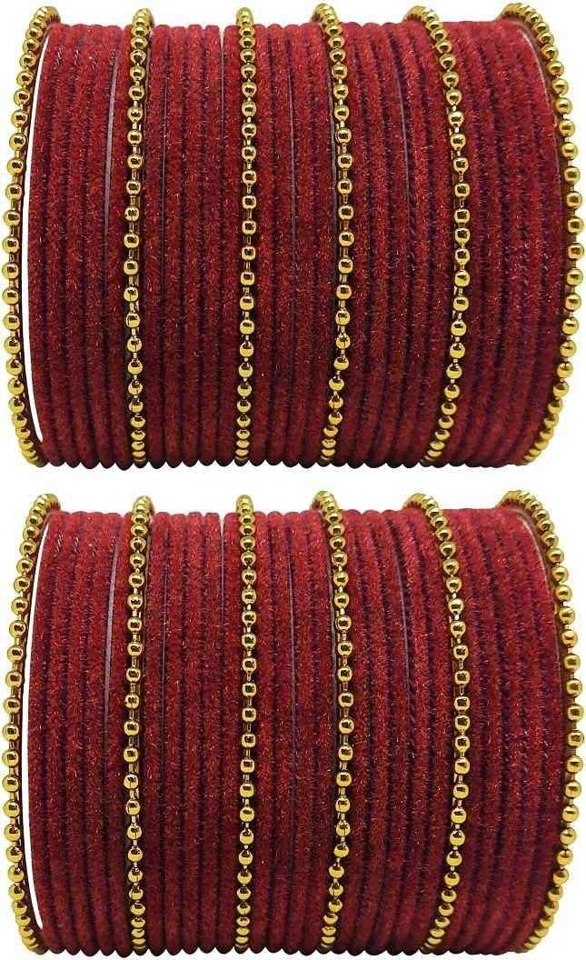T4 Jewels Golden Beads Studded Glossy Finish Velvet Metal Bangles Set (Set Of 2) - 35NO Maroon All Bangle Sets T4 Jewels