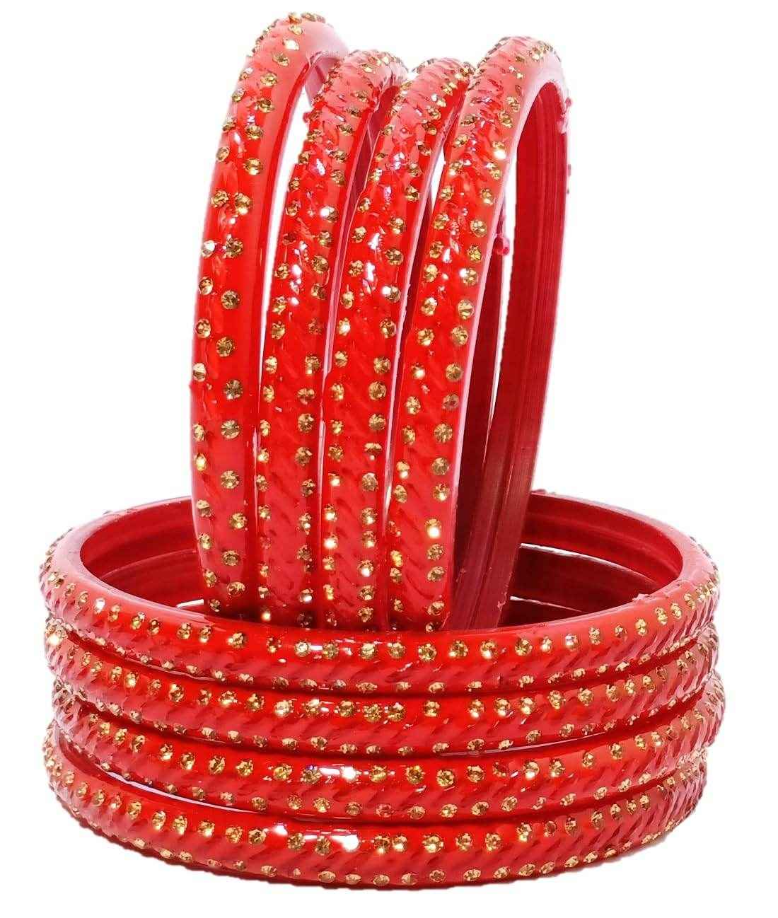 T4 Jewels (2.10 & 2.12 Size Golden Stones Studded Designer Bangle Set - (Set Of 8) - RDKRSHN Red 2.10 Inches Large Size Bangles T4 Jewels