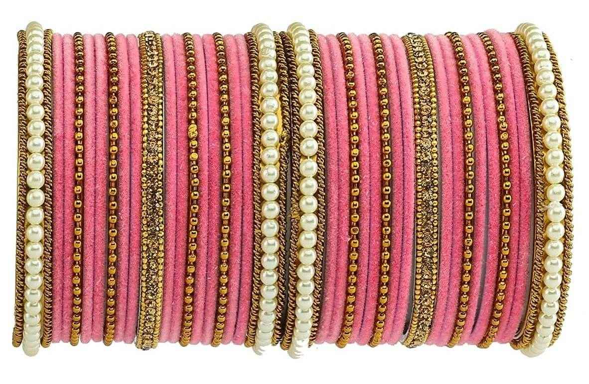 T4 Jewels Gold Plated Beautiful Fashion Jewellery Brass Metal Bangles Set(Set For 2 Hand) - 61NO Pink All Bangle Sets T4 Jewels