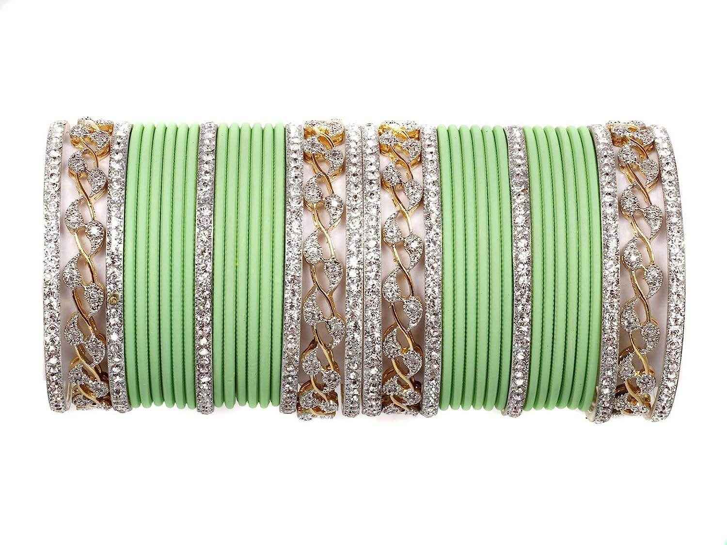 T4 Jewels AD Stones Studded Gold & Silver Plated Beautiful Bangles Set Bridal Chuda - 103NO Pista All Bangle Sets T4 Jewels