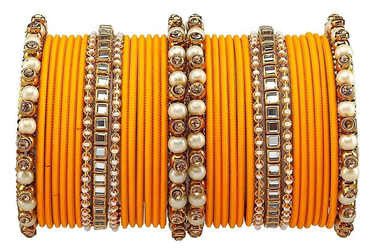 T4 Jewels Brass Metal Beads, Stones And Gemstones Studded Pearl & Glossy Finished Bangle Set- 63NO Haldi All Bangle Sets T4 Jewels