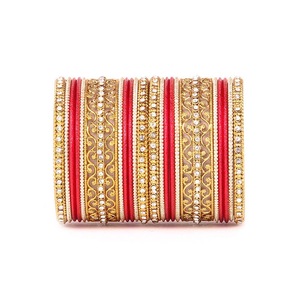 Intricate Bracelet With Running Stone Work And Shinning Bangle Set Red All Bangle Sets T4 Jewels