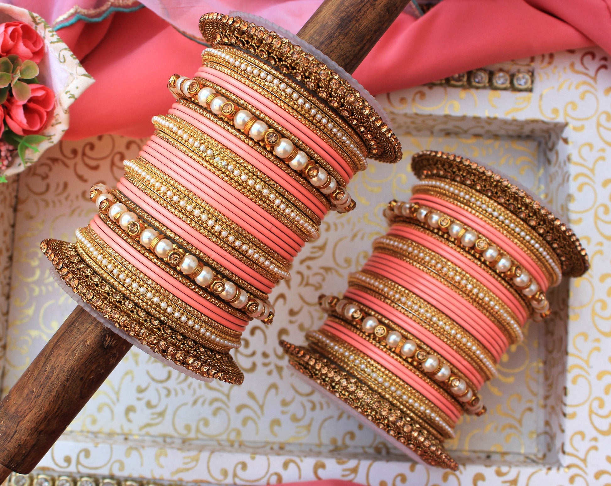 Beautiful Bridal Bangle Set with Pacheli Kada by T4 Jewels Peach All Bangle Sets T4 Jewels