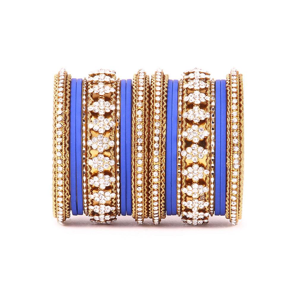 Stylish Matte Finish And Running Stone Pattern Bangle Set Blue All Bangle Sets T4 Jewels