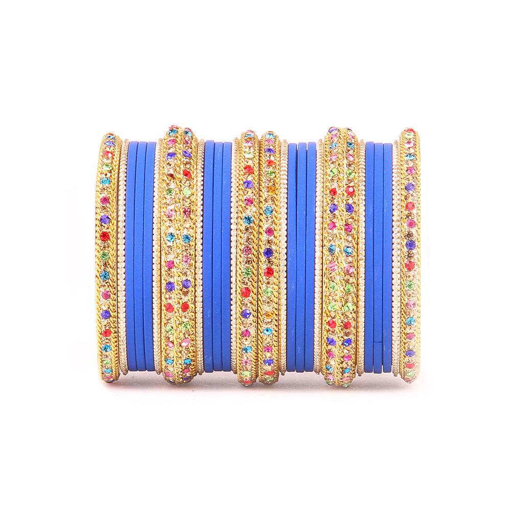 Golden Kada With Multi-Colored Stones And Matte Finish Bangle Set For Women Blue All Bangle Sets T4 Jewels