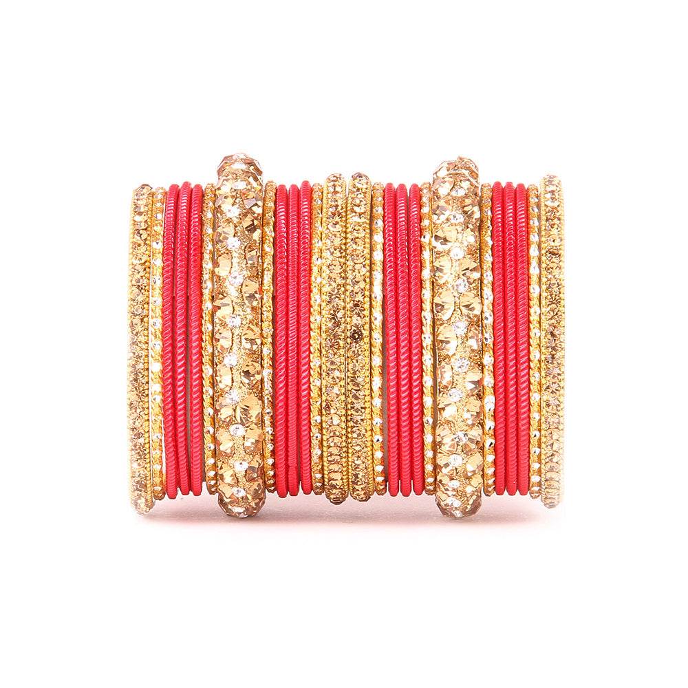 Traditional Shining Bangle Set For Women With Lac And Golden Stone Red All Bangle Sets T4 Jewels