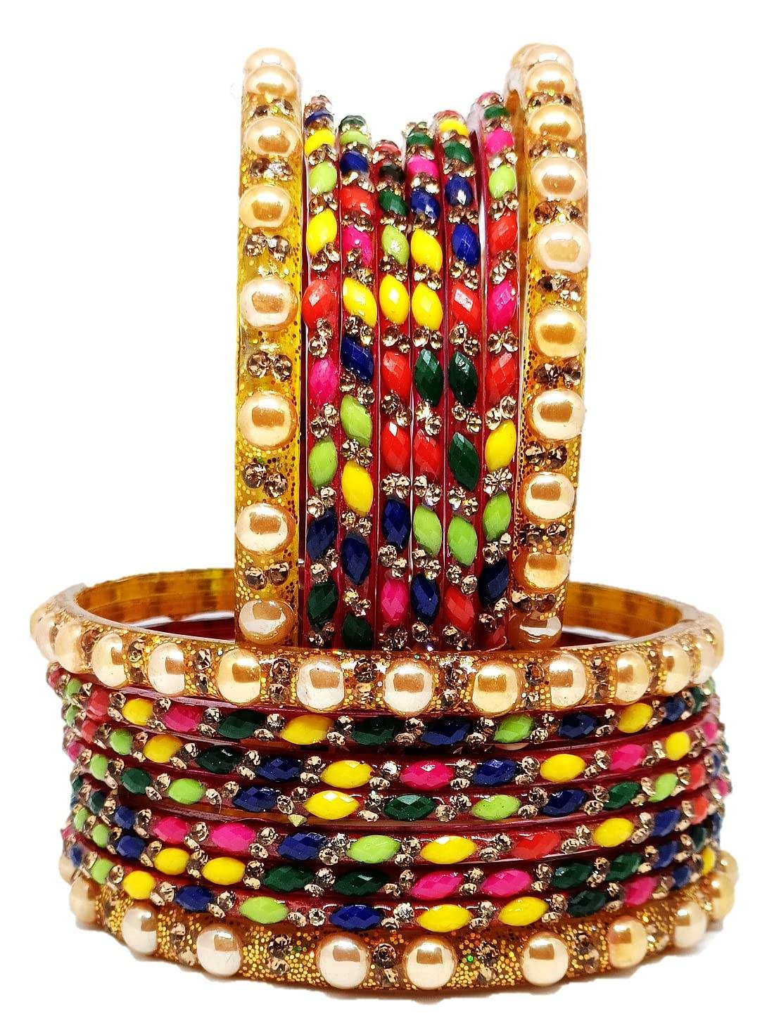 T4 Jewels (2.10 & 2.12 Size Gold & Multi-Colour Beautiful Designer Moti Shine Glass Bangles Set For Women & Girls - (Set Of 16) T4 Jewels