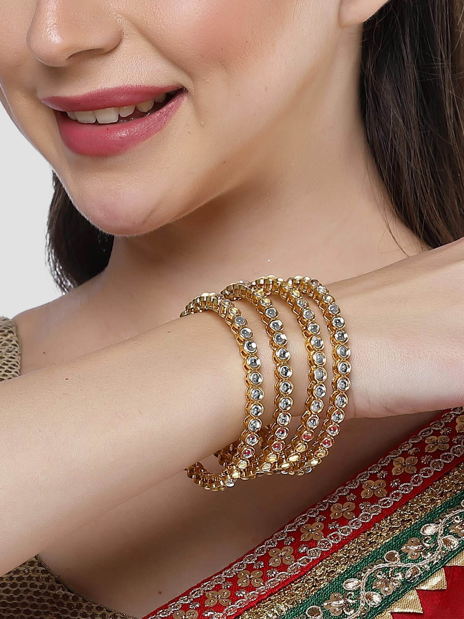 T4 Jewels Set of 4 Gold Plated Round Shape White Kundan Studded Bangles for Women T4 Jewels