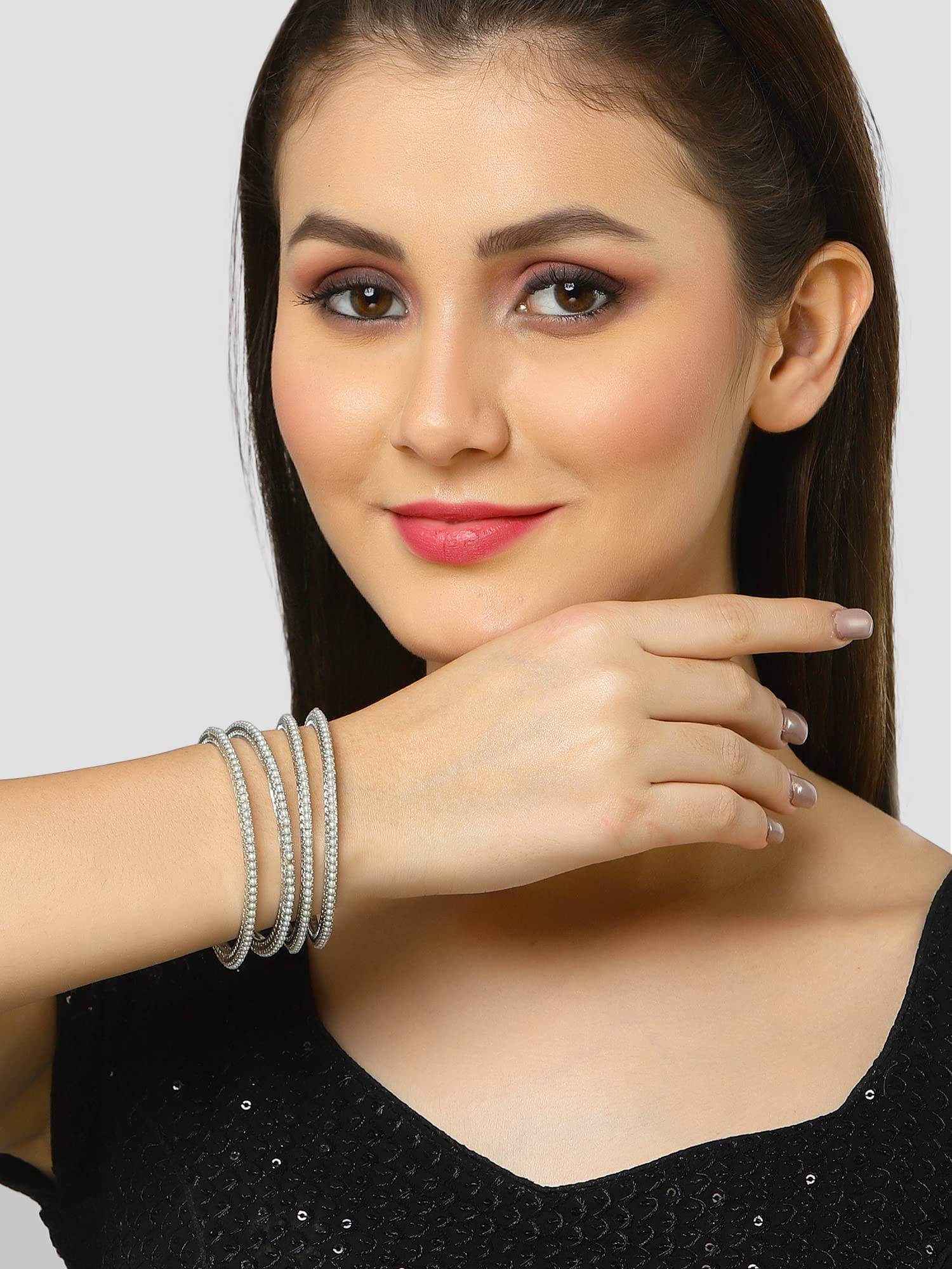 T4 Jewels Oxidised Silver Pearl Studded Tribal Set of 4 Bangles for Women T4 Jewels