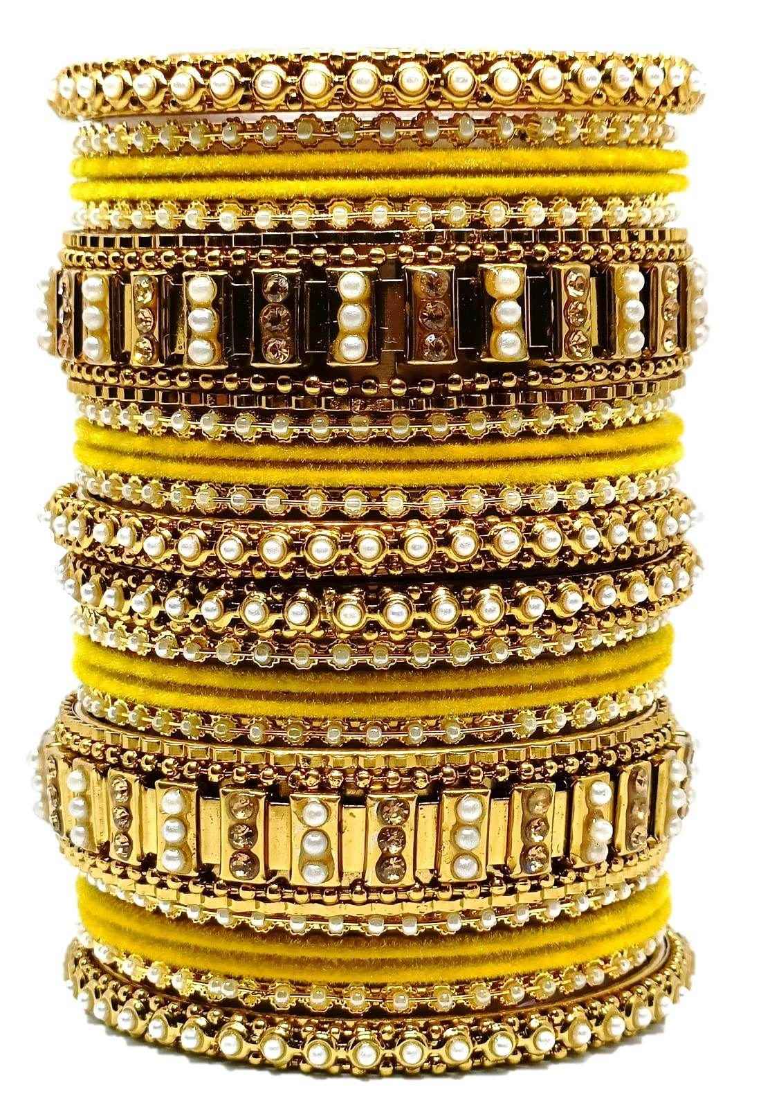 T4 Jewels Gold Plated Beautiful Metal Moti Bangles Set (Bridal Chura)- 51NO Yellow All Bangle Sets T4 Jewels