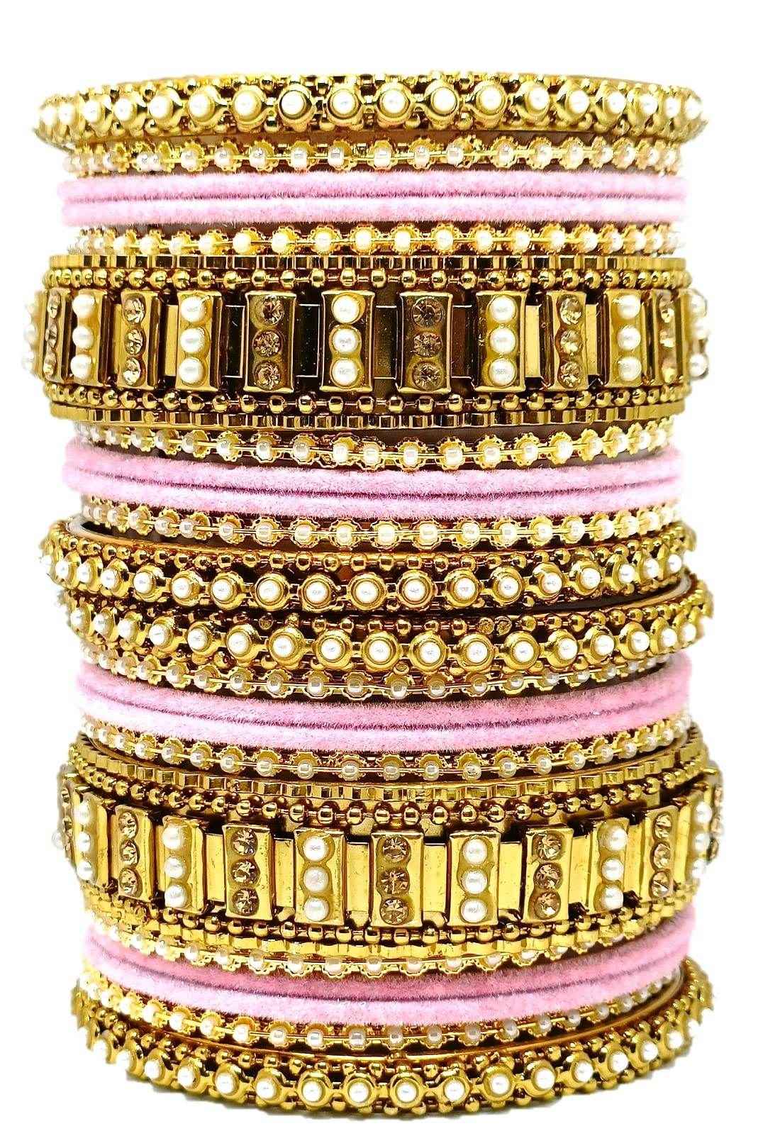 T4 Jewels Gold Plated Beautiful Metal Moti Bangles Set (Bridal Chura)- 51NO Pink All Bangle Sets T4 Jewels
