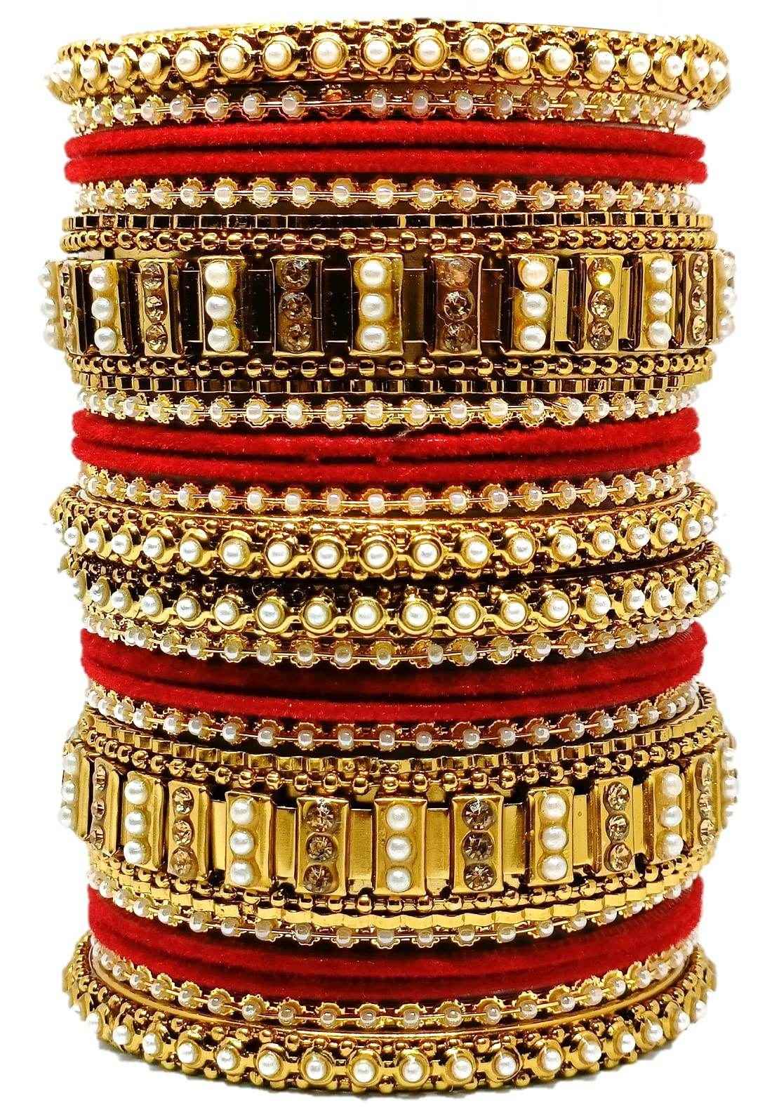 T4 Jewels Gold Plated Beautiful Metal Moti Bangles Set (Bridal Chura)- 51NO Red All Bangle Sets T4 Jewels