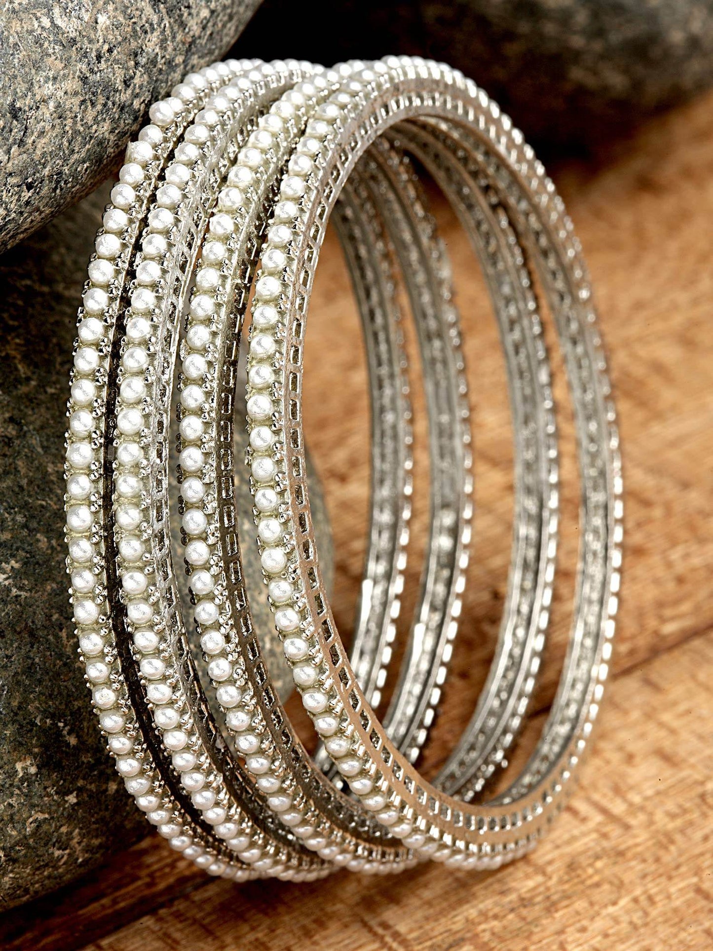 T4 Jewels Oxidised Silver Pearl Studded Tribal Set of 4 Bangles for Women T4 Jewels