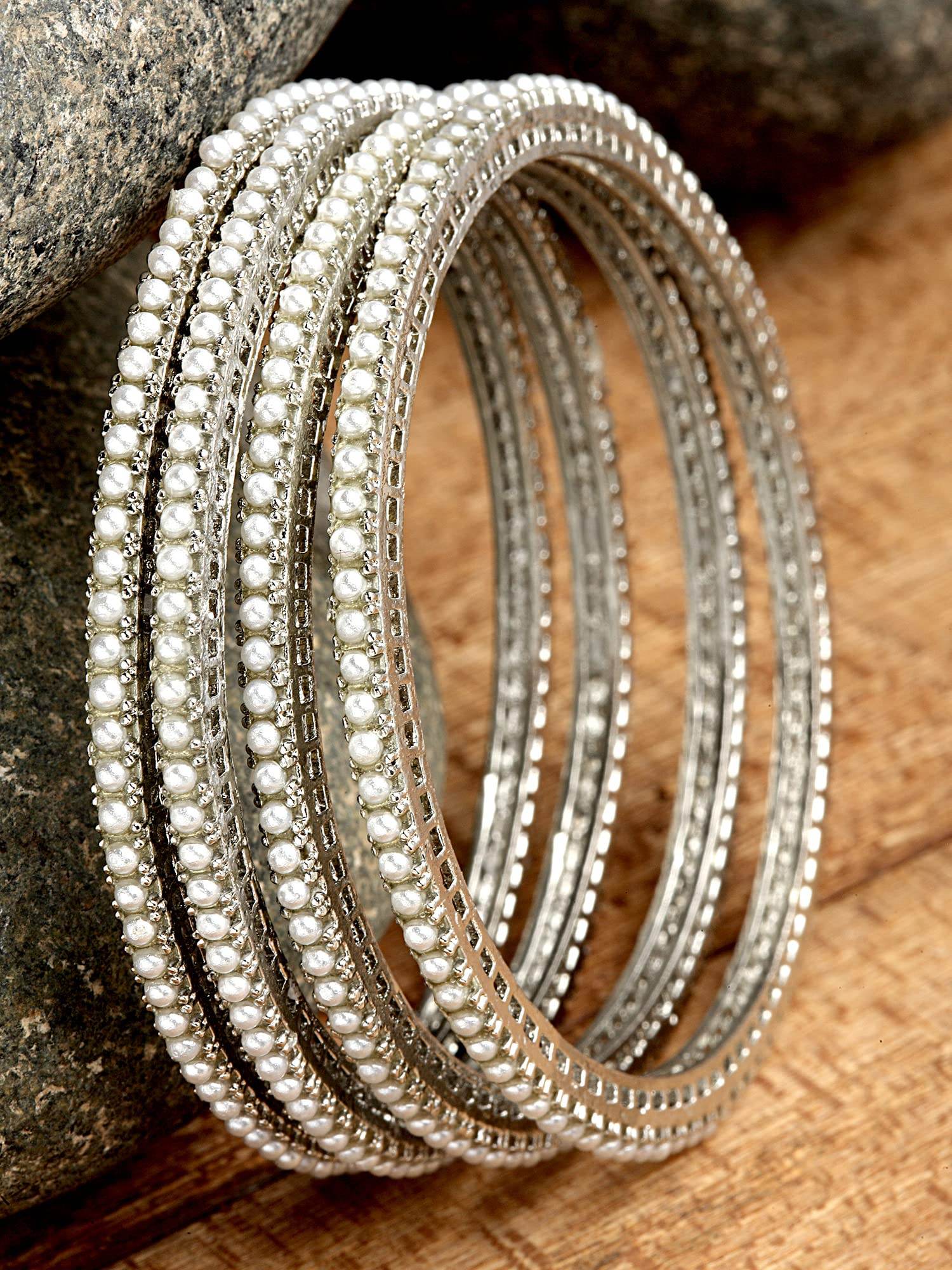 T4 Jewels Oxidised Silver Pearl Studded Tribal Set of 4 Bangles for Women T4 Jewels