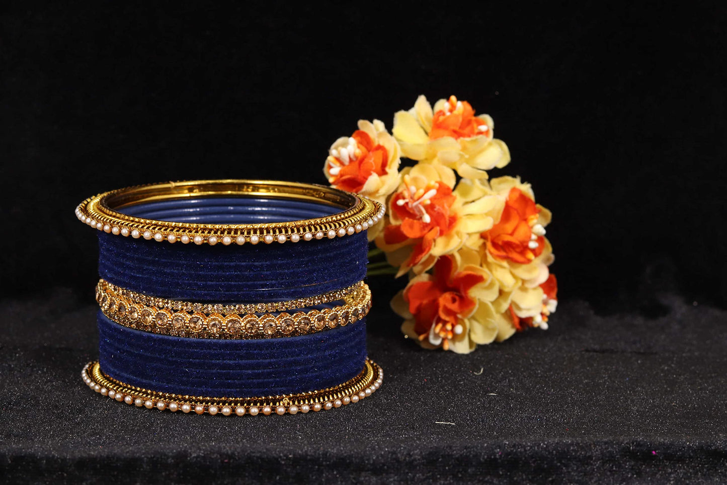 T4 Jewels Metal Velvet Bangles Studded Zircon Diamond Stone & Pearls | Stylish Women's Bangles | Metal bangles | Gold Plated Bangles T4 Jewels